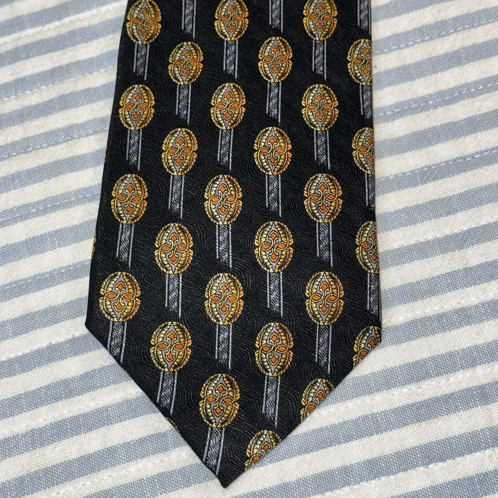 Ferrentino Ferre 100% Silk Tie Made In Italy Black Gold Geometric Luxury Necktie
